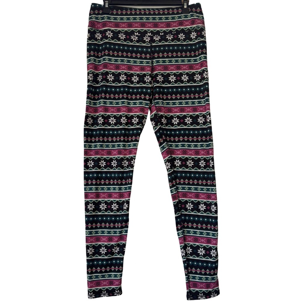 3/$20 Climate Right by Cuddl Duds Pink, Green & Black Fair Isle Fleece Leggings